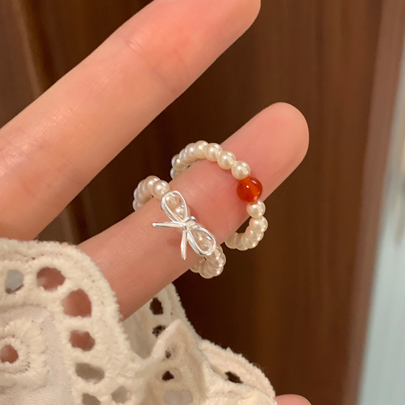 红玛瑙纯银蝴蝶结珍珠戒指女轻奢高级感叠戴食指戒指环潮配饰送女朋友老婆情人节七夕生日礼物