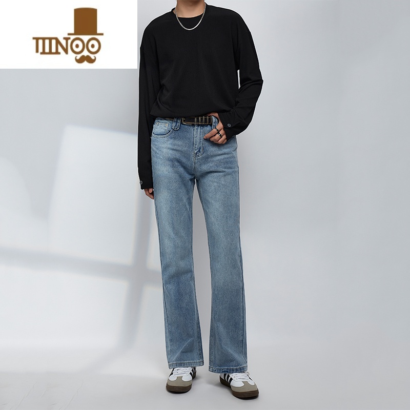 YANXU复古水洗蓝高端微喇牛仔裤男宽松直筒休闲垂感显瘦百搭裤子潮流男