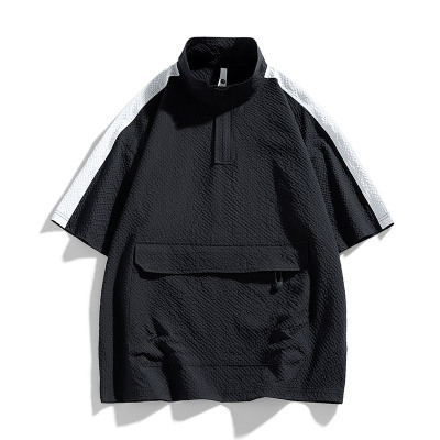 男装夏季新款休闲短袖T恤衬衫美式潮牌大码痞帅半拉链上衣男宽松