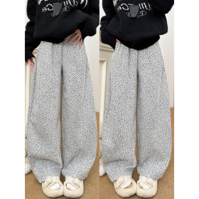 加绒裤子女秋冬季加厚保暖棉裤外穿慵懒条纹毛呢羊羔绒阔腿裤_627_44
