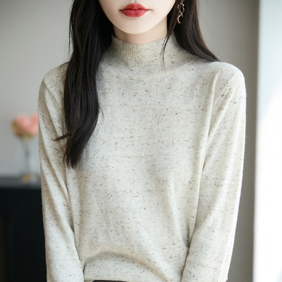 秋冬点子纱半高领精纺羊毛女针织打底衫套头宽松显瘦毛衣上衣潮