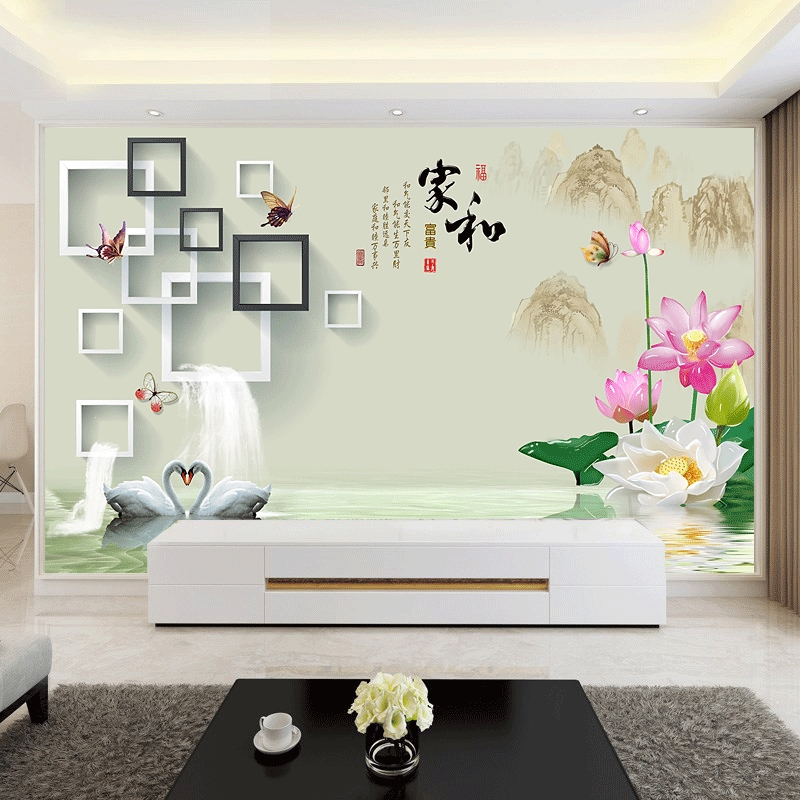 中式电视背景墙壁纸3d立体装饰壁画沙发客厅墙纸8d影视墙布_成家立业