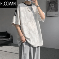HLCOMAN美式扎染短袖T恤男款复古潮流痞帅高街宽松条纹半截袖上衣