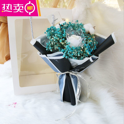 满天星干花永生花小花束礼盒玫瑰闺蜜七夕三八女王情人节生日礼物FENGHOU蓝色满天星棉花+LED灯+精美手提