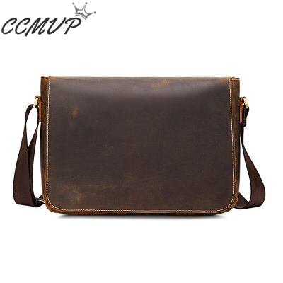 CCMVP品牌自营质量保证-CCMVP头层牛皮单肩包男士商务休闲斜跨包疯马皮棕色默认颜色
