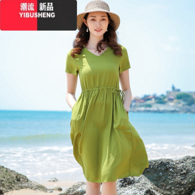 YIBUSHENG2024新款棉绸连衣裙女季短袖收腰显瘦大摆裙人造棉中长款沙滩裙