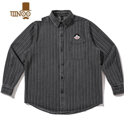 YANXU日系潮牌宽松条纹衬衫男韩版潮流长袖衬衣情侣学生百搭上衣