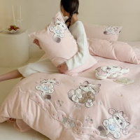少女心保暖牛奶绒四件套可爱猫咪刺绣冬季加厚防静电被套床品套件