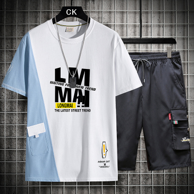 狮臣SHICHEN2021年夏季新款男士休闲运动套装青少年五分袖T恤男两件套男韩版潮流运动休闲短袖套装男装TZ9156天蓝色M