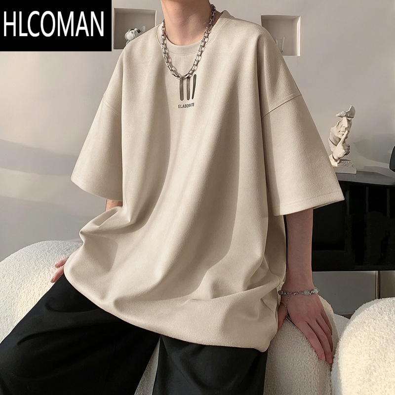 HLCOMAN美式短袖T恤男夏季新款潮牌青少年仿绒简约宽松圆领半袖