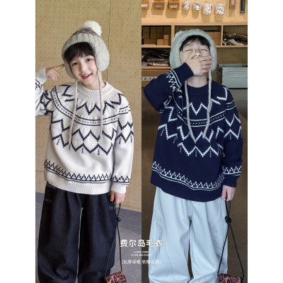 童酷男童冬季新款费尔岛提花宝宝针织衫圆领加厚宽松儿童毛衣