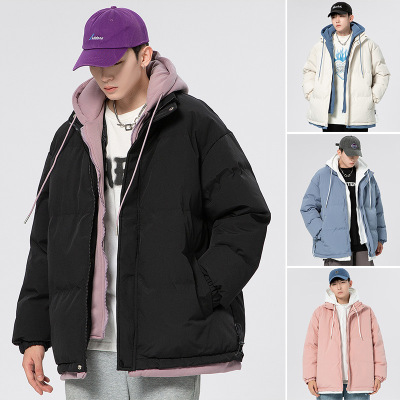 冬季新款假两件连帽棉衣时尚宽松休闲棉服情侣男装外套潮牌面包服