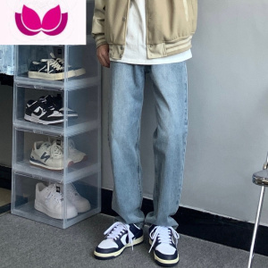 七斓夏季美式高街蓝色直筒长裤宽松个性潮流设计感百搭休闲牛仔裤男潮