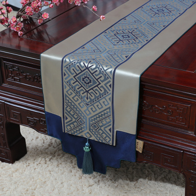 美帮汇新中式古典玉桌旗茶几长条布艺中国风桌布床柜旗电视柜盖布 简欧提花蓝 34*250适合桌长190-200CM