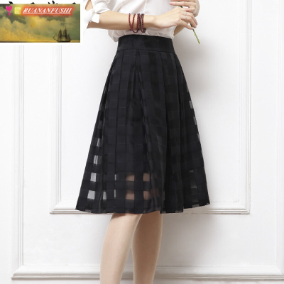 珂卡慕(KEKAMU)欧根纱百褶裙半身裙黑色格子款高腰蓬蓬纱裙百折裙女夏季