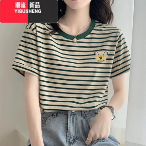 YIBUSHENG时尚百搭条纹圆领短袖t恤女季新款洋气宽松上衣打底衫印花