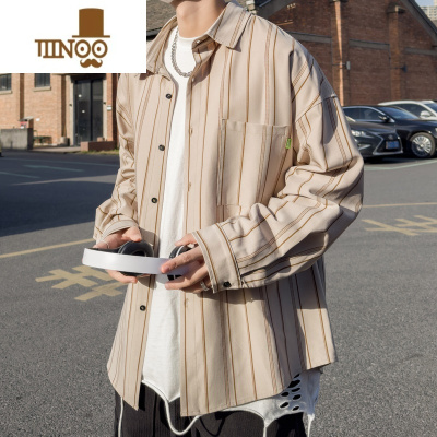 YANXU日系简约条纹宽松休闲衬衫男士潮牌痞帅大码百搭衬衣服外套