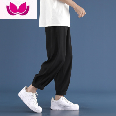 七斓冰丝裤子男潮牌痞帅大码宽松阔腿垂感束脚夏季九分休闲长裤