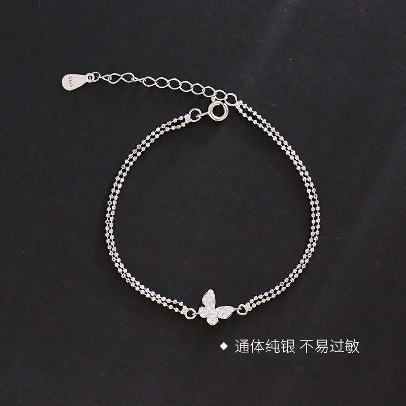 s925蝴蝶手链纯银ins小众设计冷淡风双层圆珠手饰轻奢闺蜜新款潮