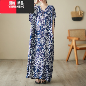 YIBUSHENG胖妹妹大码波西米亚度假长裙女装印花棉绸遮肉显瘦连衣裙长袍子 藏青色 均码建议110-230斤