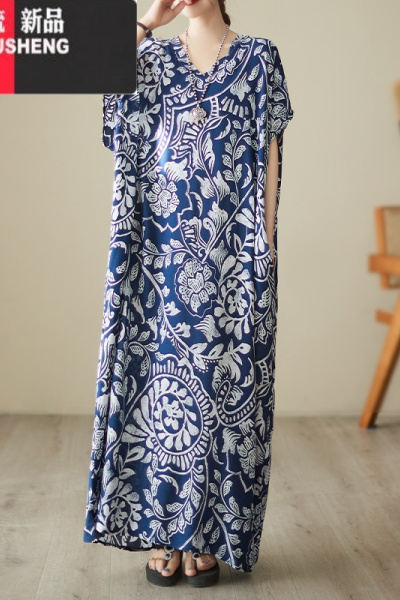 YIBUSHENG胖妹妹大码波西米亚度假长裙女装印花棉绸遮肉显瘦连衣裙长袍子