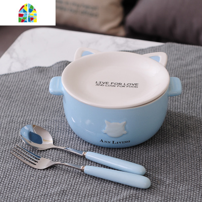 陶瓷卡通日式泡面碗带盖可爱少女心方便面碗饭盒单个学生宿舍汤碗 FENGHOU 双耳猫泡面碗-叉勺-粉色