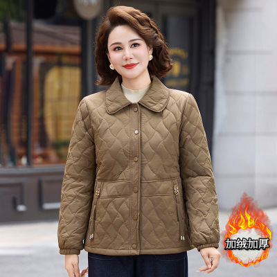 加绒加厚保暖妈妈棉衣冬装外套时尚女大码中老年人衣服短款翻领