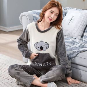 啄木鸟睡衣女士秋冬季珊瑚绒加绒加厚休闲可外穿法兰绒冬天家居服
