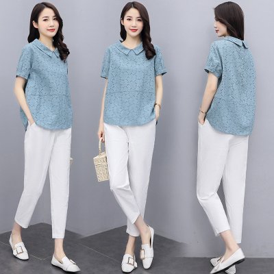 雅馨季洋气套装女2021夏天新款宽松短袖上衣时尚休闲裤子两件套蓝色M