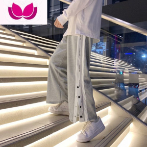 七斓排扣裤男2021休闲宽松束脚裤韩版潮流痞帅运动裤ins高街裤子