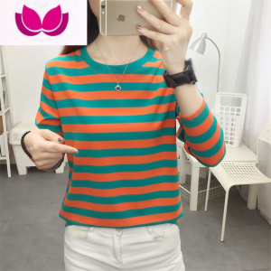 七斓2023年新款条纹上衣百搭修身显瘦长袖T恤女洋气复古打底衫女