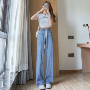 天丝牛仔裤女2026年夏季薄款高腰显瘦冰丝窄版直筒垂感拖地阔腿裤