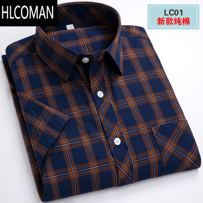 HLCOMANpo加肥加大短袖衬衫男格子夏季薄款宽松大码半袖衬衣潮