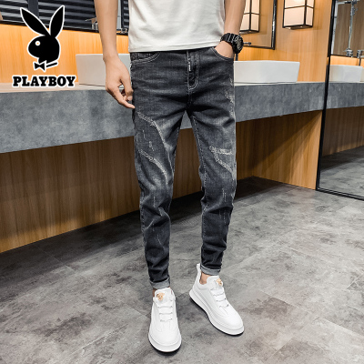 花花公子修身小脚牛仔裤男士春夏新款青少年学生时尚潮牌九分裤子