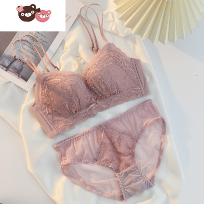 绿彩虹光夏季薄款性感蕾丝内衣女聚拢收副乳防下垂上托调整型纯色文胸套装