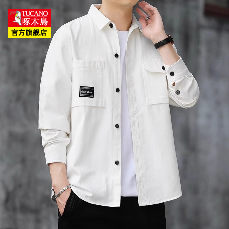 啄木鸟长袖衬衫男士春秋季纯棉休闲寸衫青年百搭工装衬衣外套男潮