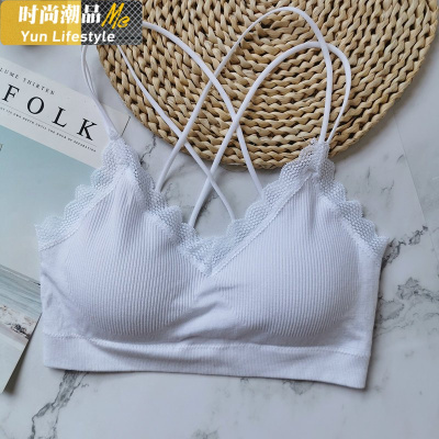 YUNWUXIN夏季蕾丝无缝内衣美背背心交叉带胸垫文胸打底吊带裹胸女抹胸聚拢抹胸