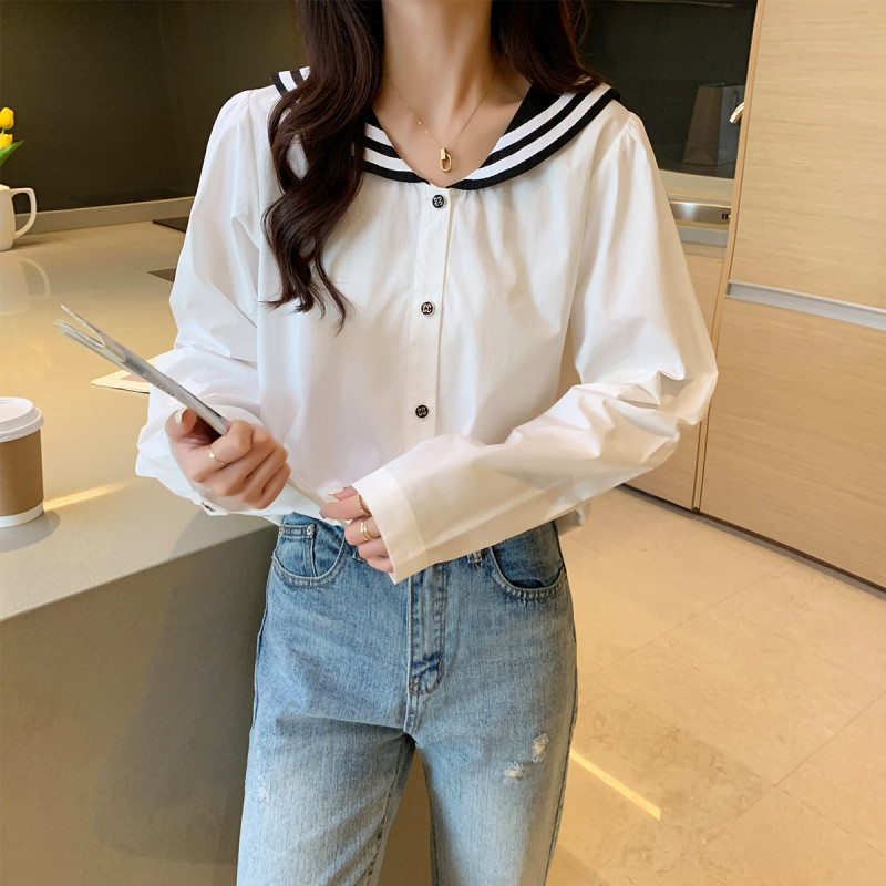 [1.5折价58元]唐狮秋季衬衫女新款宽松撞色设计领长袖衬衣清新时尚百搭