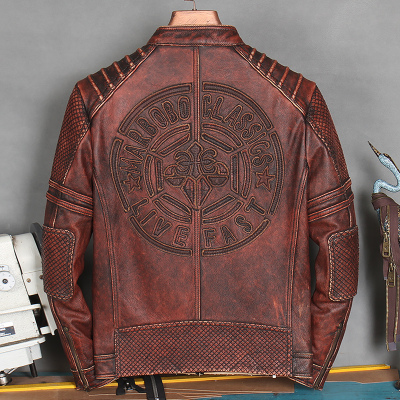 AliJackma重磅机车皮衣男美式复古做旧头层牛皮夹克修身短款立领男士摩托骑行服外套SN157-18