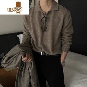 YANXU潮流新款东大门男装翻领毛衣男设计师polo领宽松潮针织衫