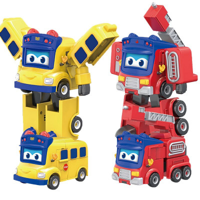 百变校巴儿童男孩变形玩具校车巴士六合一合体哥德金刚消防队长警车警长歌德变形变脸2款组合-车长+消防队长