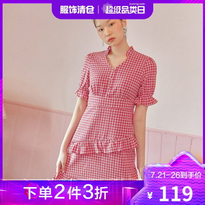 韩都衣舍格纹连衣裙女2021夏季新款泡泡袖V领花边短款裙子JZ15065