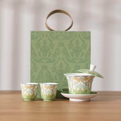 苏氏陶瓷(SUSHI CERAMICS)羊脂玉悬停马蹄三才盖碗简欧大马士纹礼盒