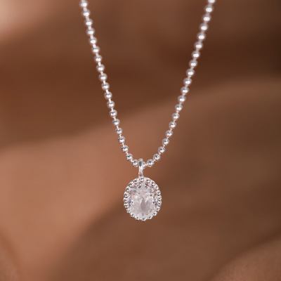 s925纯银椭圆锆石圆珠项链女简约2023年新网红胸椎设计感锁骨链潮送女朋友老婆情人节七夕生日礼物