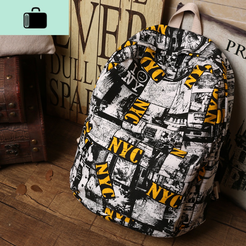 双肩包潮流时尚帆布男士初中高中学生书包休闲个性印花背包旅行包NEW LAKE 涂鸦NYC