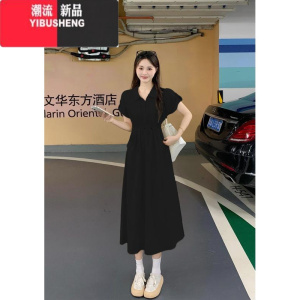 YIBUSHENG大码工装连衣裙女季收腰显瘦POLO领长裙微胖MM小众短袖衬衫裙子