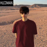 HLCOMAN酒红色正肩短袖t恤男夏季美式复古新疆棉上衣220g五分袖