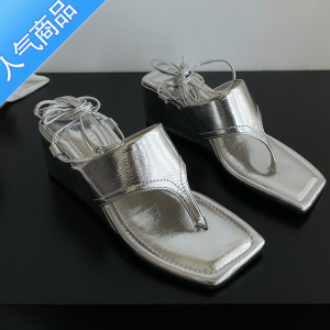 SUNTEK厚底高跟夹趾罗马绑带凉鞋女外穿夏方头小众法式百搭两穿拖鞋