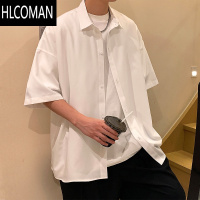 HLCOMAN黑色短袖衬衫男款港风外穿半袖衬衣大码宽松休闲外套