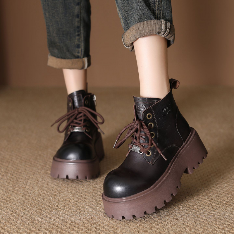 头层牛皮马丁靴女秋季新款增高复古百搭厚底显瘦英伦风短靴女